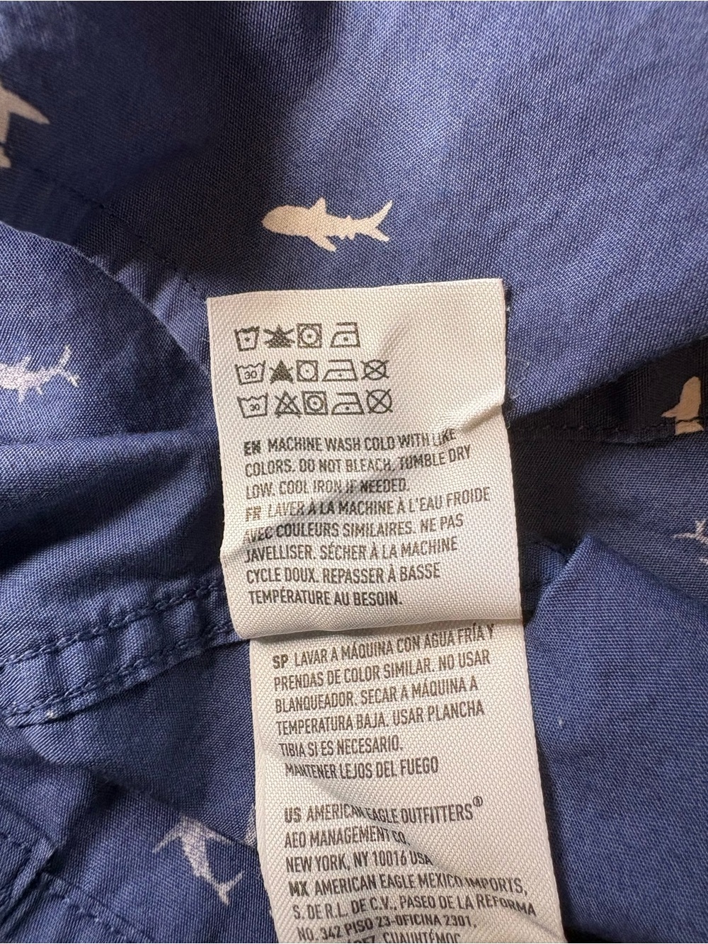 American Eagle Outfitters Navy Short-Sleeve Button-Up- White Micro Shark Print - Picture 8 of 10